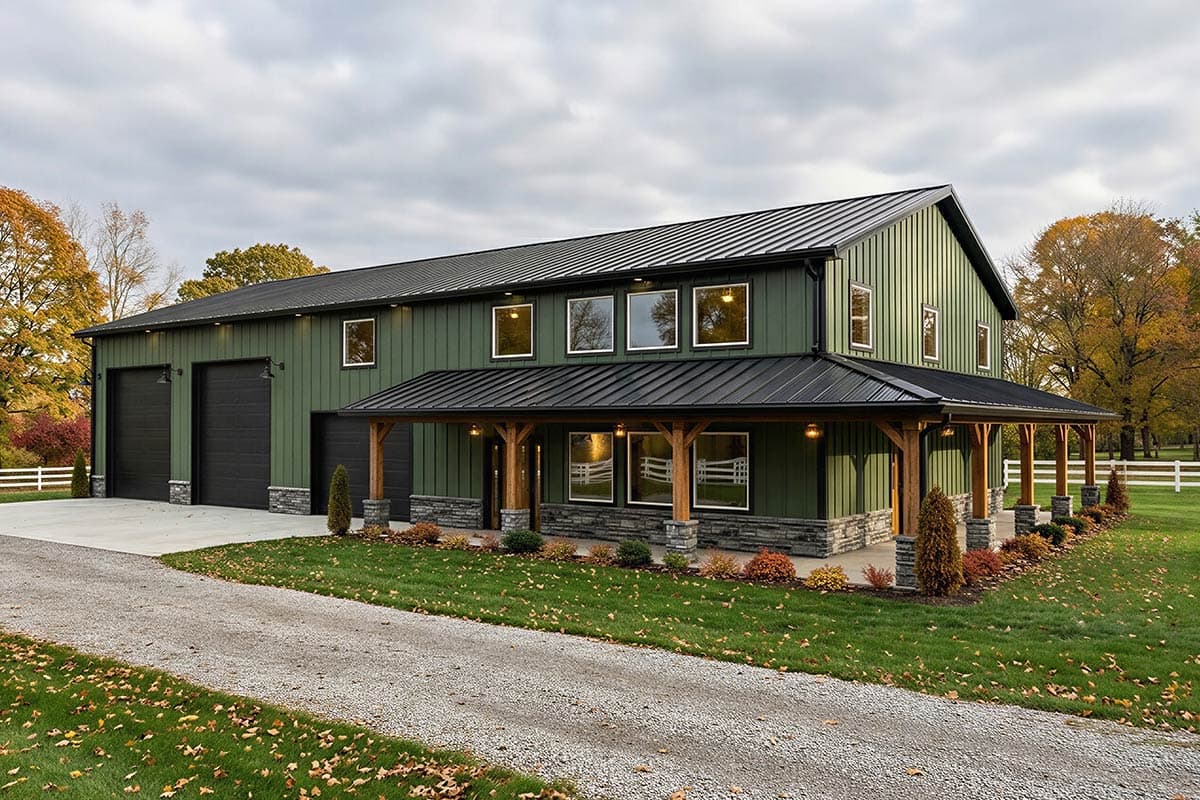 A two-story green barn-style house with a black metal roof, porch, and three-car garage. Situated on a grassy lawn with a gravel driveway.