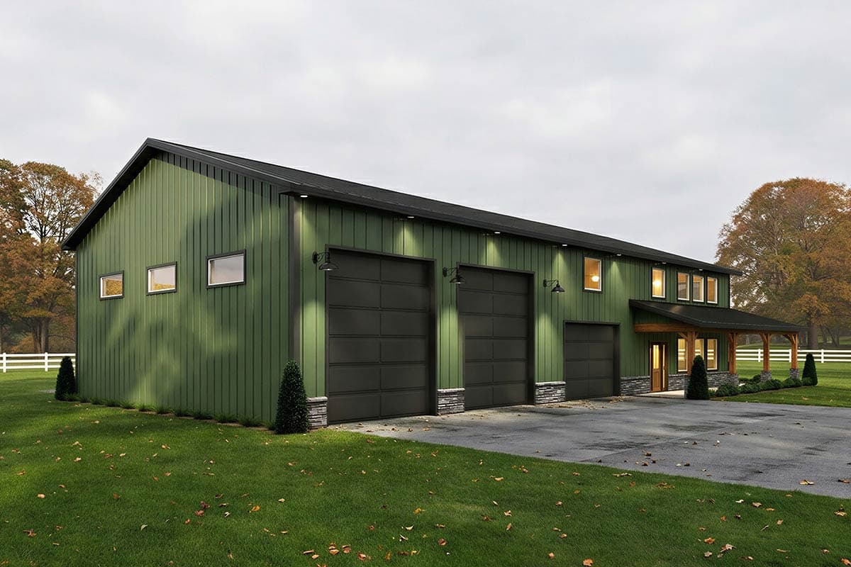 House plan exterior: Large metal building with three garage bays and a covered entry with wood supports.