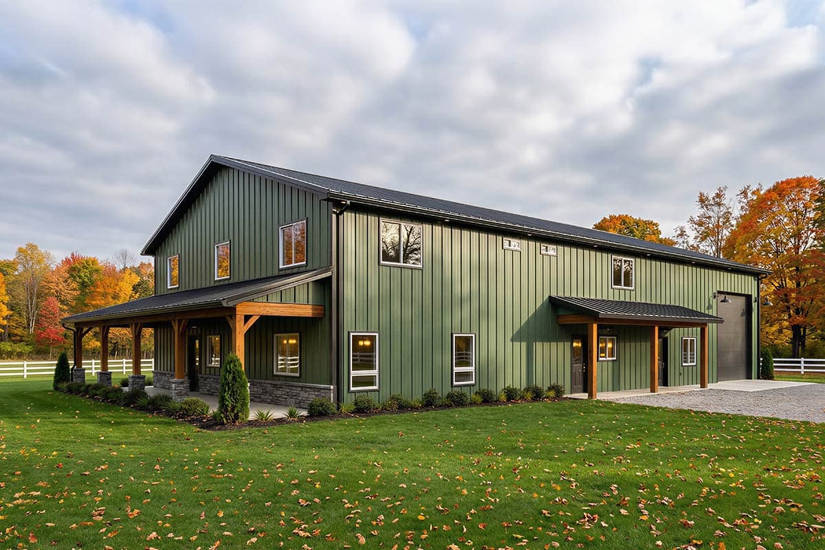 Two-story Modern Farmhouse house plan exterior with a long covered porch, exposed wood beams, and a metal exterior.