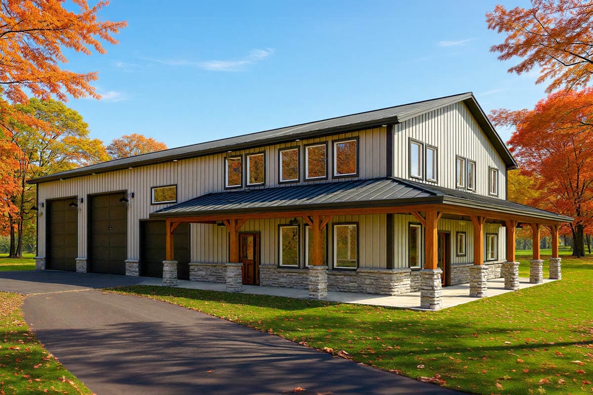 A two-story building with a porch, garage doors, and a dark roof. Autumn leaves surround the home set on a green lawn with a paved driveway.