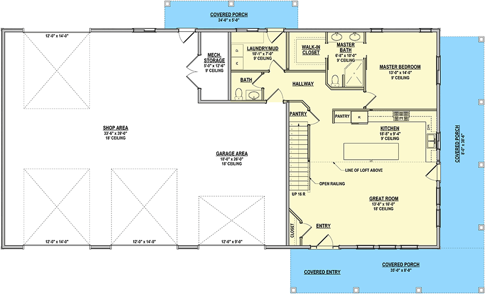 Plan 225004RBS: 3-Bed Barndo-Style Farmhouse Plan with Expanded Workshop Garage - 2084 Sq Ft - Floor Plan - Main Level - Barndominium, Country, Farmhouse, Rustic