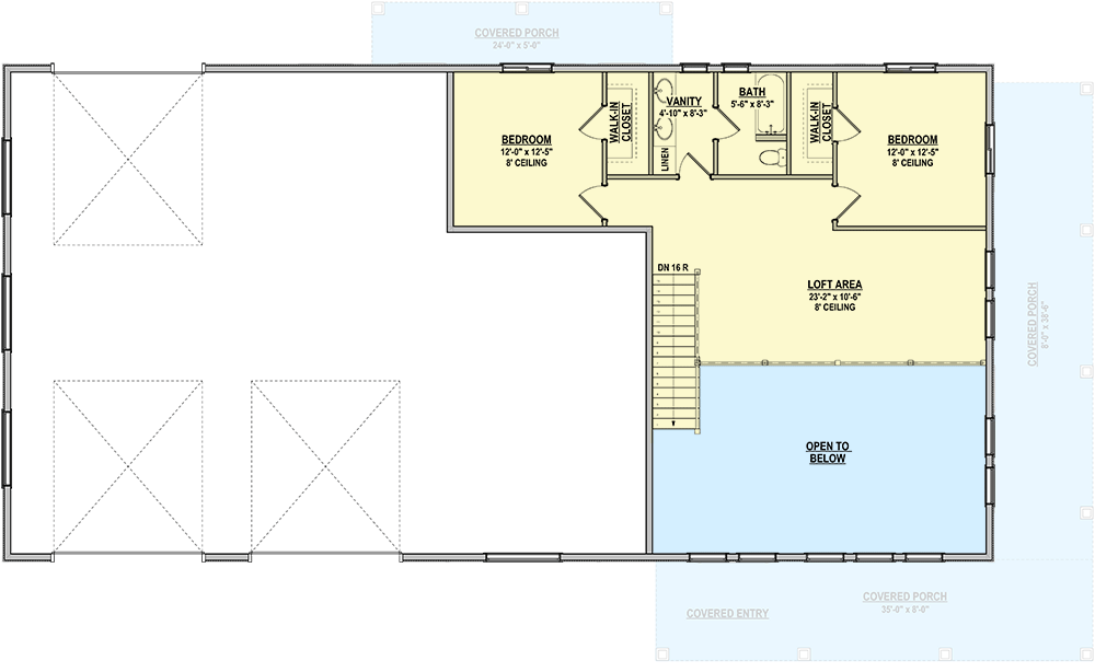 Plan 225004RBS: 3-Bed Barndo-Style Farmhouse Plan with Expanded Workshop Garage - 2084 Sq Ft - Floor Plan - 2nd Floor - Barndominium, Country, Farmhouse, Rustic