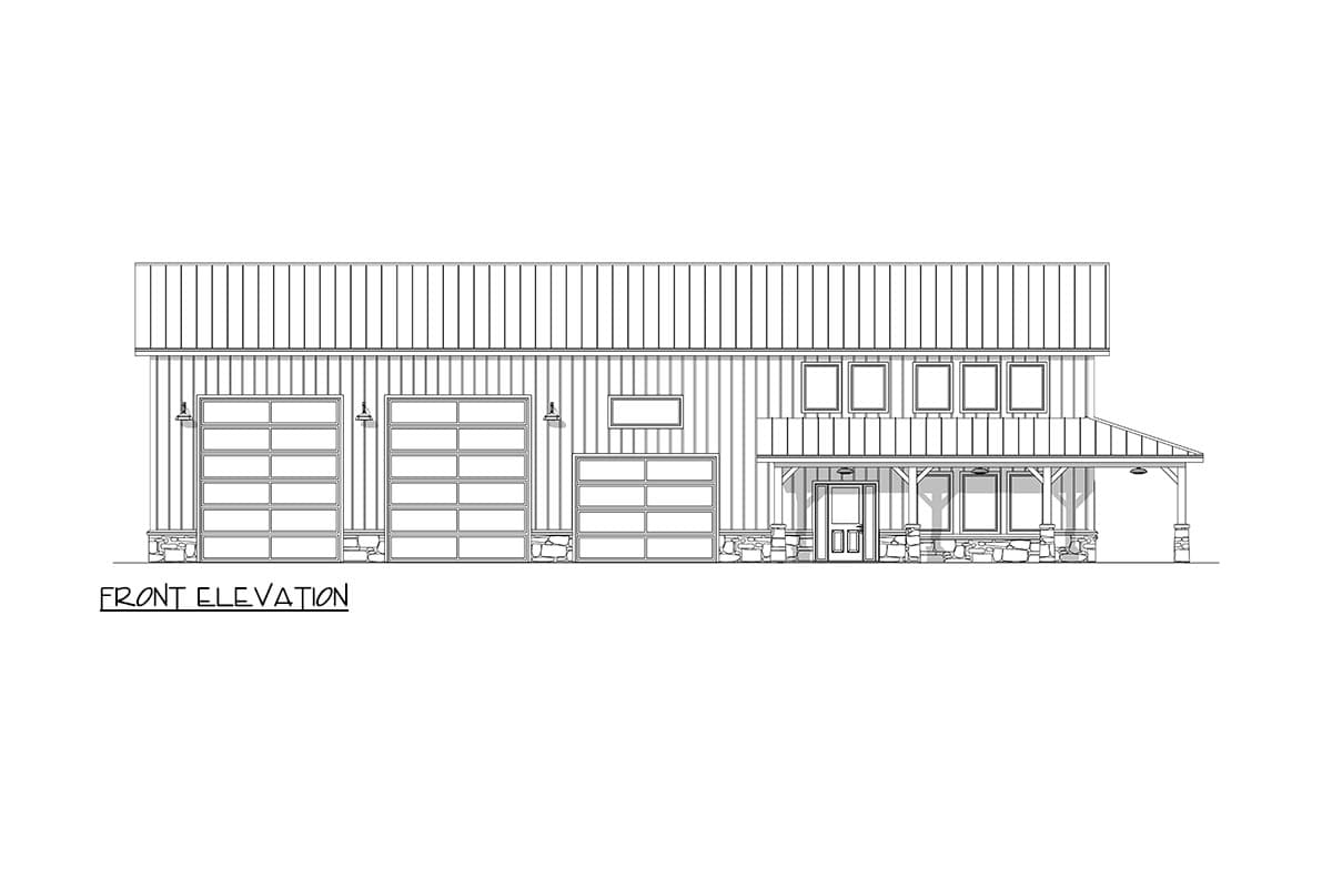 Front elevation architectural drawing of a building with three garage doors, a small porch with a stone base, and a second-story dormer.