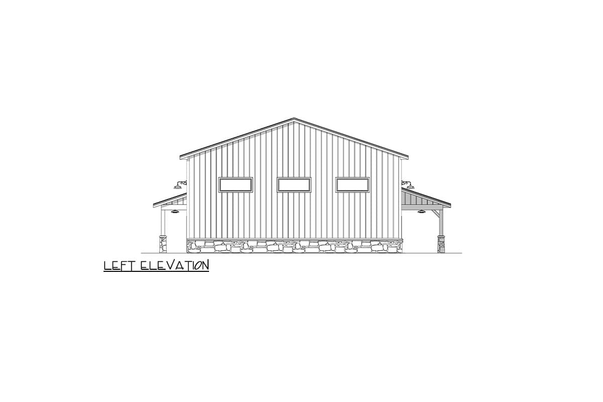Architectural line drawing of a building's left elevation, featuring vertical siding, three windows, a stone foundation, and covered porch areas.