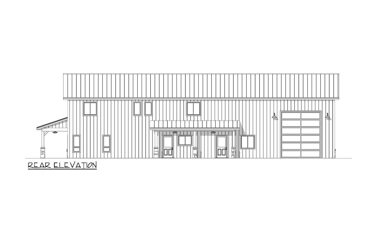 Architectural rear elevation of a building with multiple doors and windows, and a garage door. The drawing is in black and white lines.