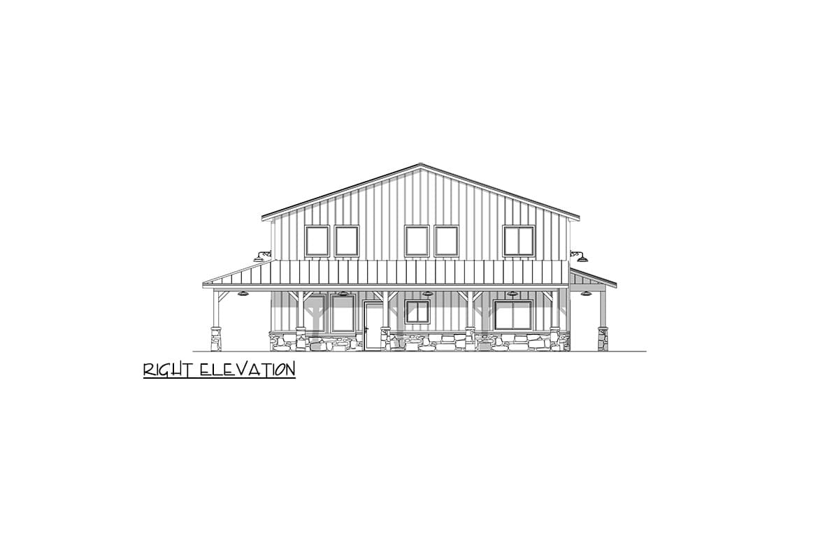 Line drawing of a two-story house with a gabled roof and a wrap-around porch. The facade includes multiple windows and stone accents along the base.