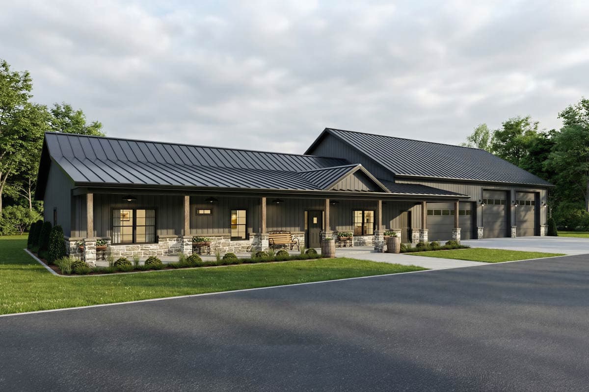 House plan exterior: Modern Farmhouse style, one story, with a wide covered porch, stone base, and attached three-car garage.