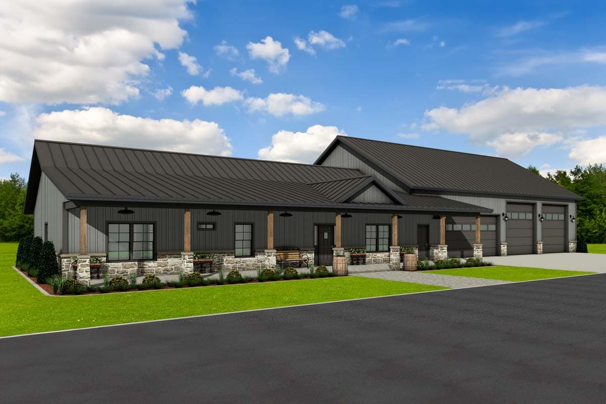 House plan exterior. A single-story modern farmhouse design with a covered porch, stone accents, and a detached garage with three bays.