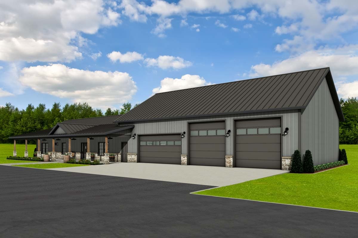 Modern farmhouse house plan exterior with a covered porch, four garage bays, and a metal roof.