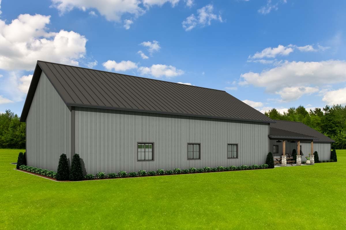 House plan exterior: Modern farmhouse style, one story, metal siding, dark metal roof, covered porch with timber posts and stone accents.
