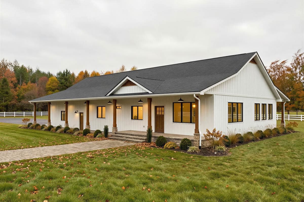 House plan exterior. Ranch style with a single story, front porch with columns, gabled roof, and multiple windows.