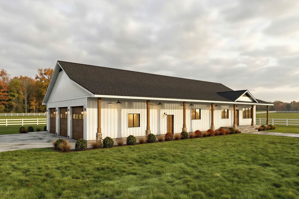 House plan exterior: Modern Farmhouse style, one story, with a three-car side-entry garage, covered porch, and board-and-batten siding.