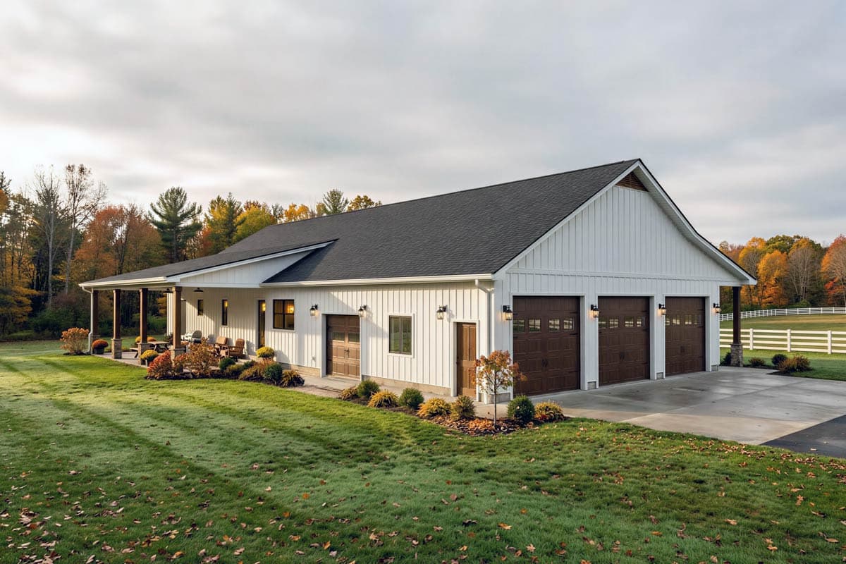 Modern farmhouse house plan exterior with a long covered porch, white board and batten siding, and a three-car garage.