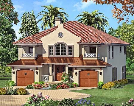 House plan exterior: Two-story Mediterranean style with arched windows, multiple gables, dual garages, and covered entry.