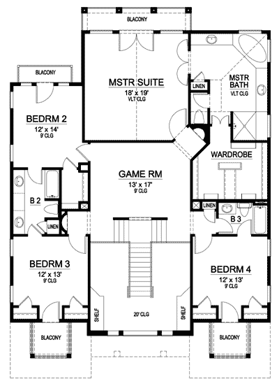 Plan 36346TX: Mission Style in Two Versions - Floor Plan - 2nd Floor - European, Florida-Style, Mediterranean, Spanish