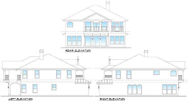 House plan rear, left, and right elevations showing a two-story structure with balconies, multiple windows, and arched doorways.