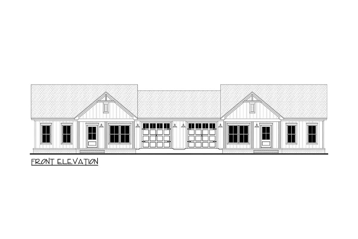 Front elevation drawing of a single-story house plan with a gabled central section, two garages, and symmetrical windows.