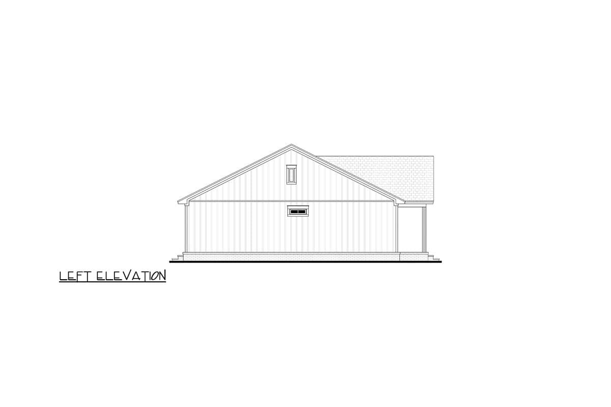 Left elevation house plan shows a gabled roofline, board and batten siding, and a covered porch.