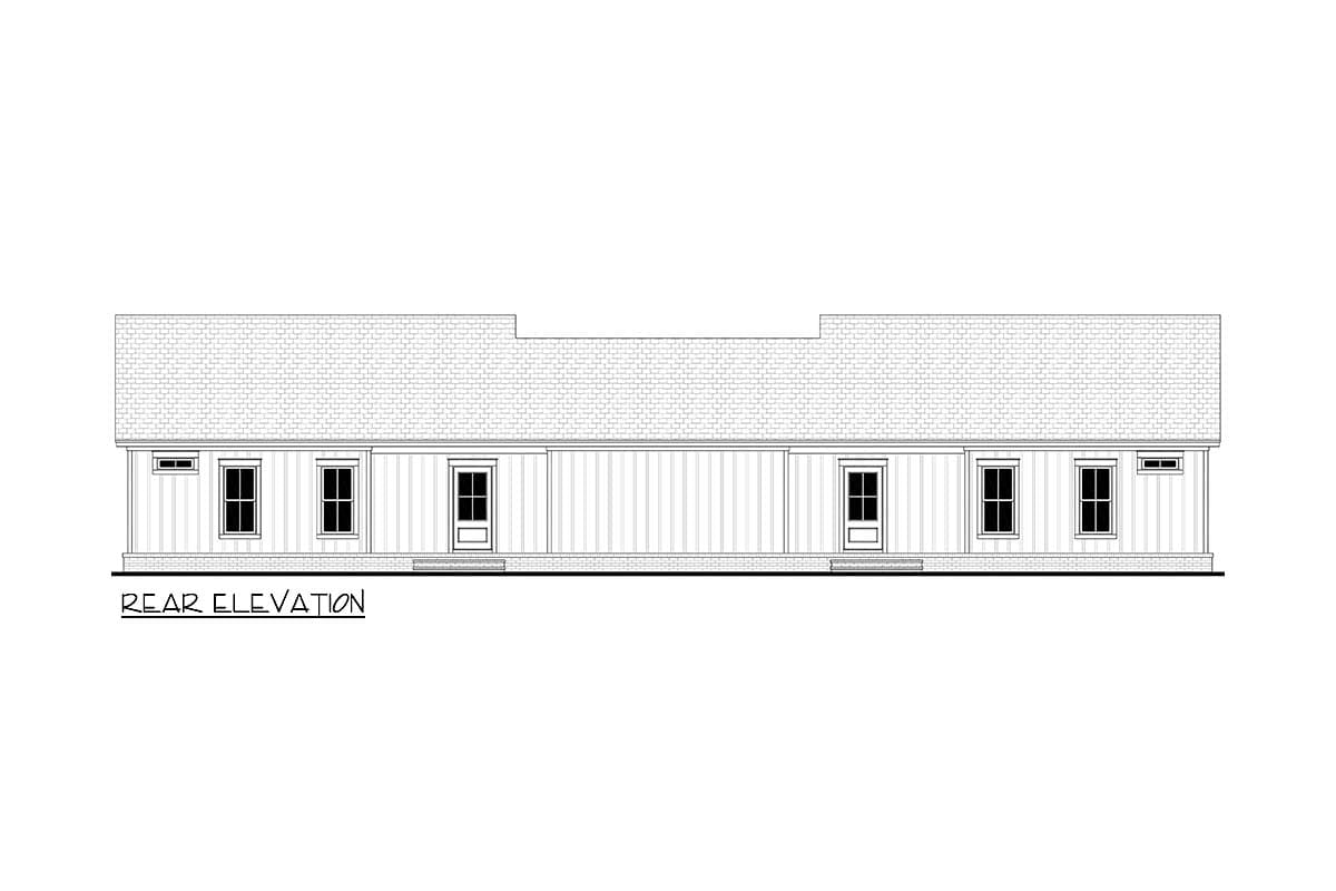 Rear elevation drawing of a single-story house with a covered porch and three evenly spaced windows.