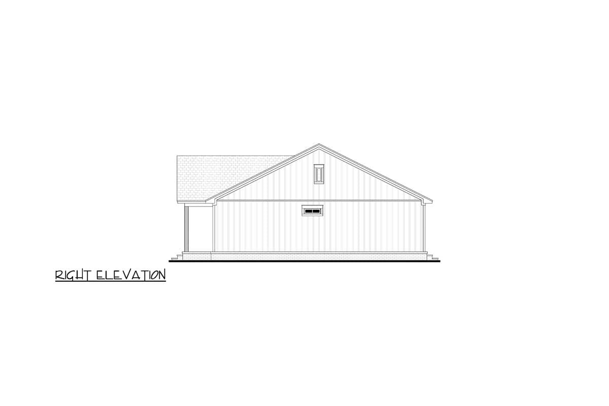 Right elevation drawing of a house plan featuring a gable roof, porch, and two windows.