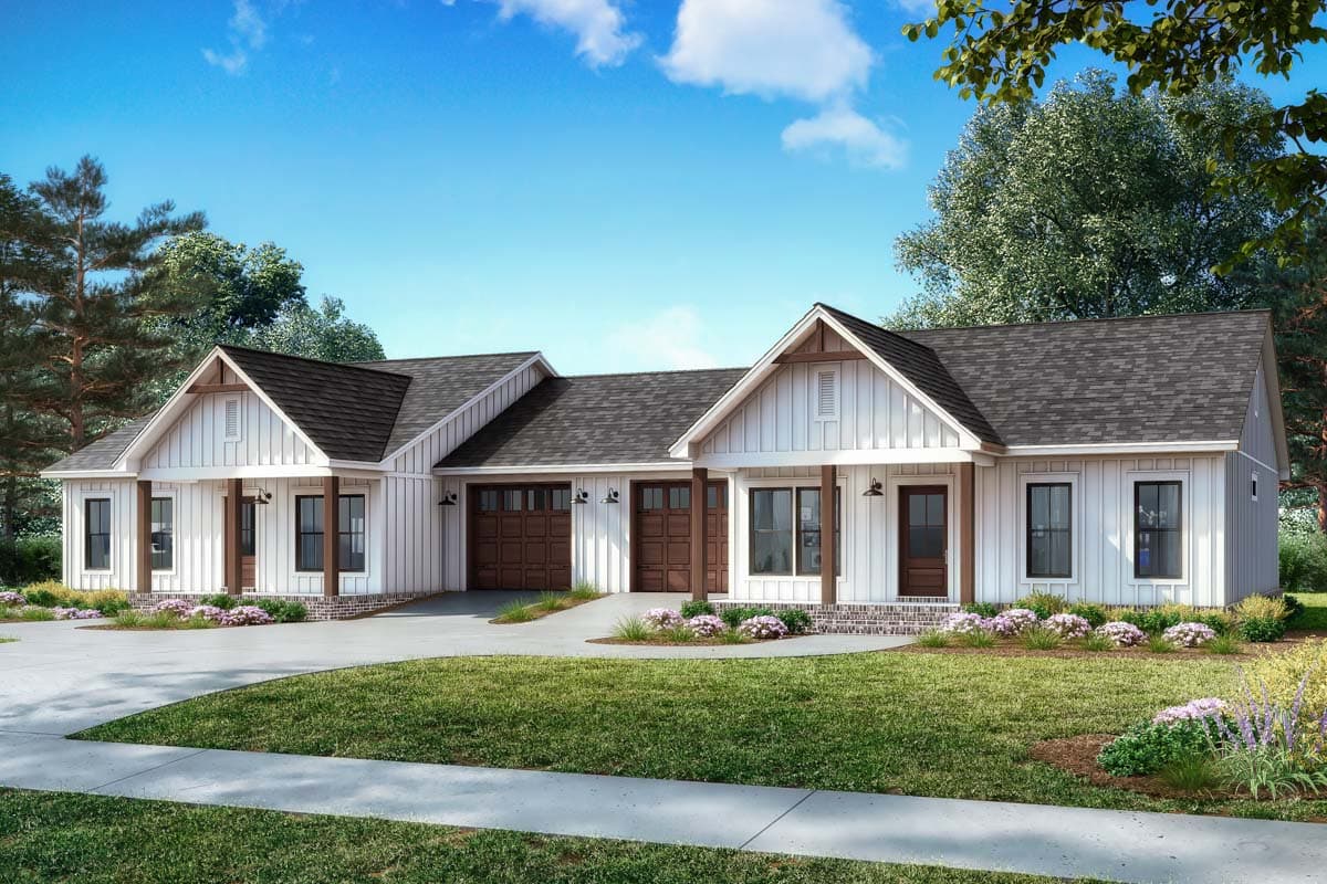 House plan exterior. Modern farmhouse style with gabled roof, covered porch with columns, and attached garage. One story.