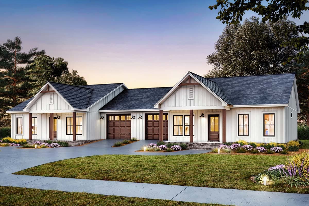 Modern Farmhouse house plan exterior with a three-car garage, gabled rooflines, and covered porches with wood beams.