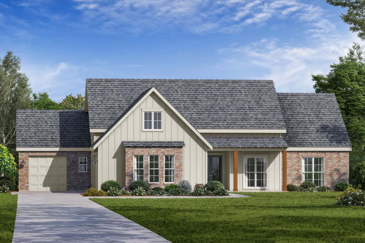 House plan exterior. Farmhouse style with brick accents, gabled roof, and attached garage. One story home with covered porch and dormer.
