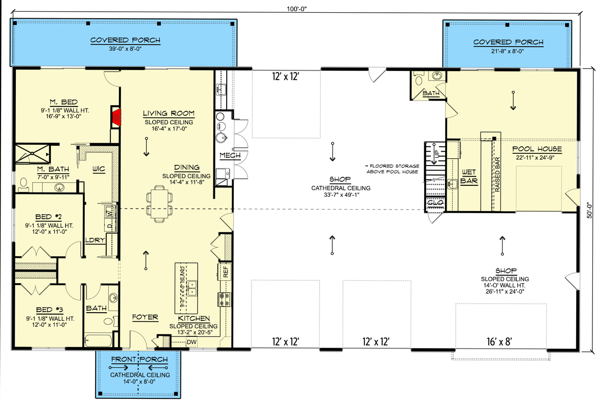 Plan 135257GRA: 3-Bed Barndominium House Plan with Clustered Beds and Attached Pool House - 2556 Sq Ft - Floor Plan - Main Level - Barndominium, Country