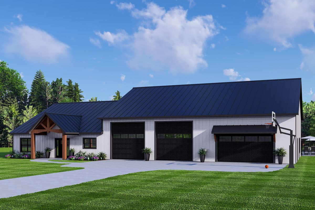 House plan exterior with modern farmhouse style. Features include a front porch, gabled roof, and three-car garage.