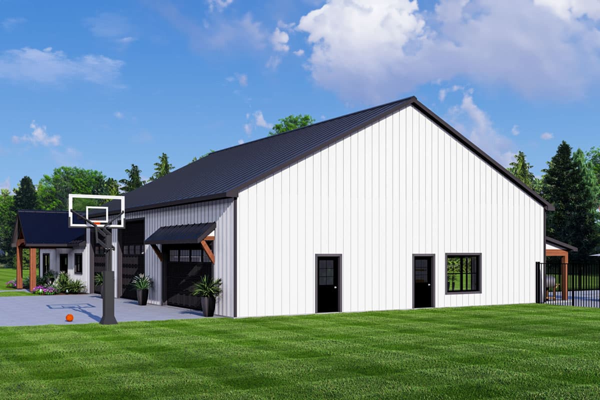 House plan exterior featuring a Modern Farmhouse style with a metal roof, vertical siding, and multiple garage doors.