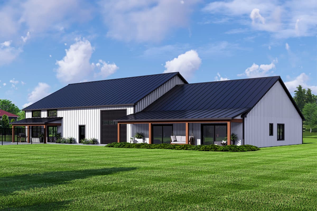 Modern farmhouse house plan exterior with dark metal roof, white vertical siding, covered porches, and a two-car garage.