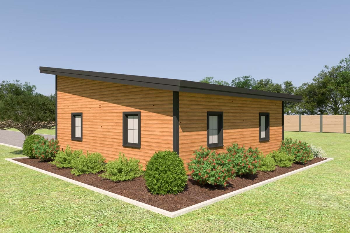 Modern single-story house plan exterior with horizontal wood siding, a slanted roof, and four windows.