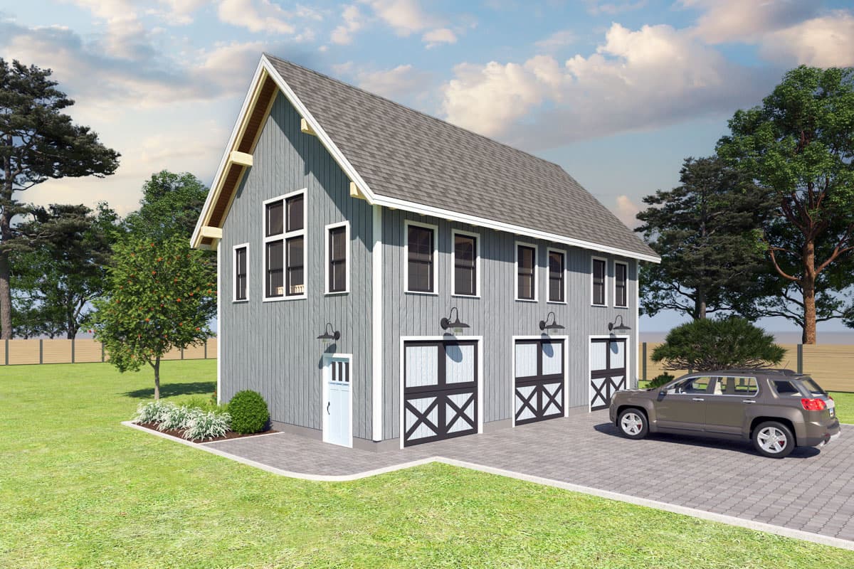 House plan exterior. Two-story structure with gable roof. Includes garage, carriage-style doors, and shed-style light fixtures.