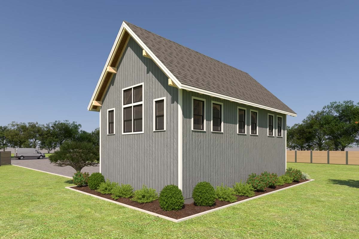 House plan exterior, two stories, gable roof with exposed rafter tails, vertical siding, and multiple rectangular windows.
