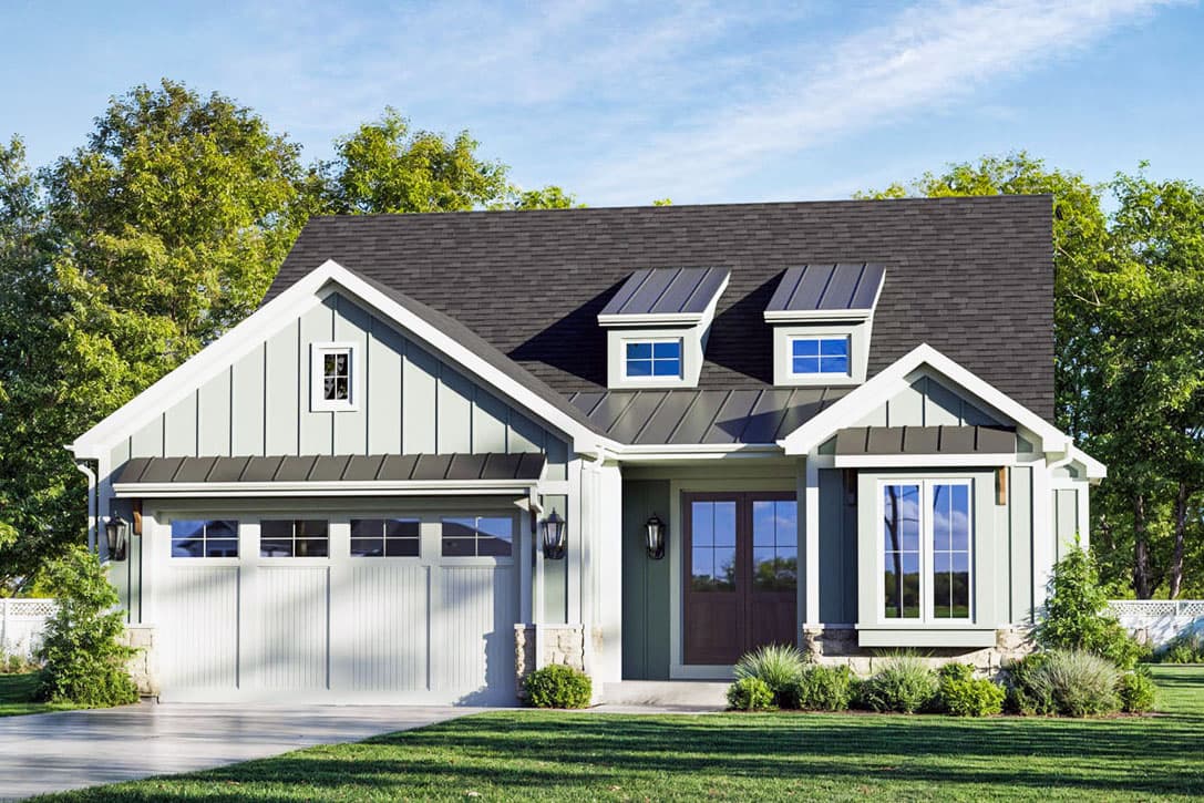 House plan exterior. Craftsman-style home with gabled roof, dormers, and attached garage. Includes a covered front porch and vertical siding.