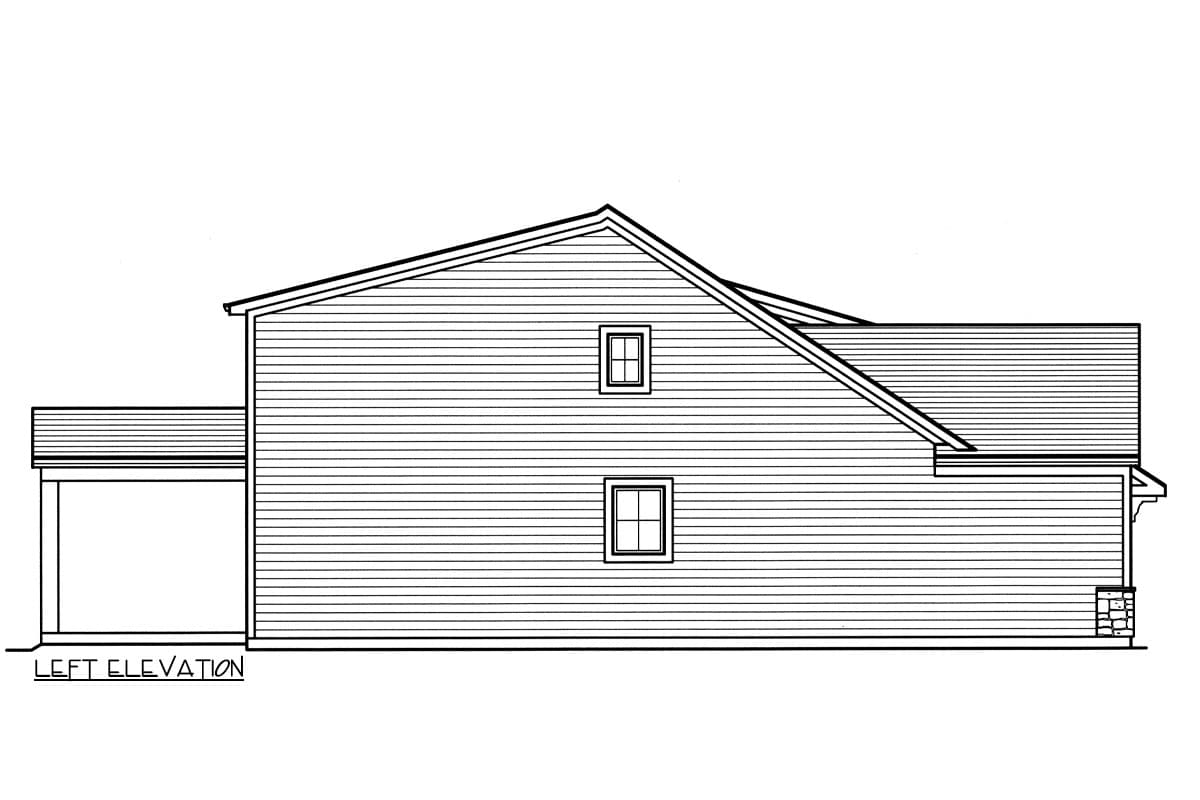 Left elevation house plan with vinyl siding, two stories, a gable roof, and a covered porch.