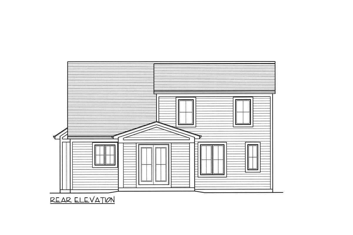 Rear elevation drawing of a two-story house plan, showing double doors, multiple windows, and a gable-roofed entryway.