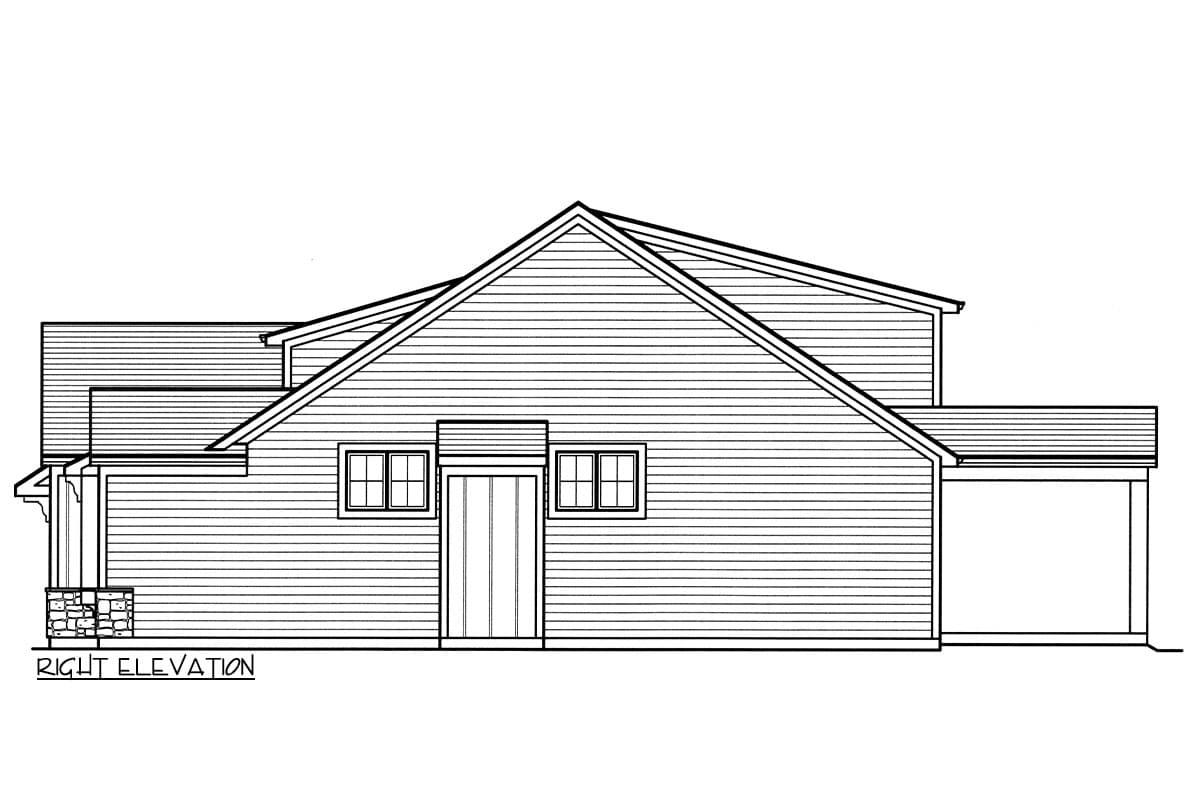 Right elevation house plan with shingled siding, gabled roofline, two windows, double doors, and covered porch.