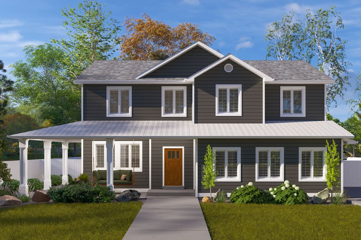 House plan exterior. Two-story home with a wraparound porch, gabled roof, and multiple double-hung windows. A front door with sidelights is centered.