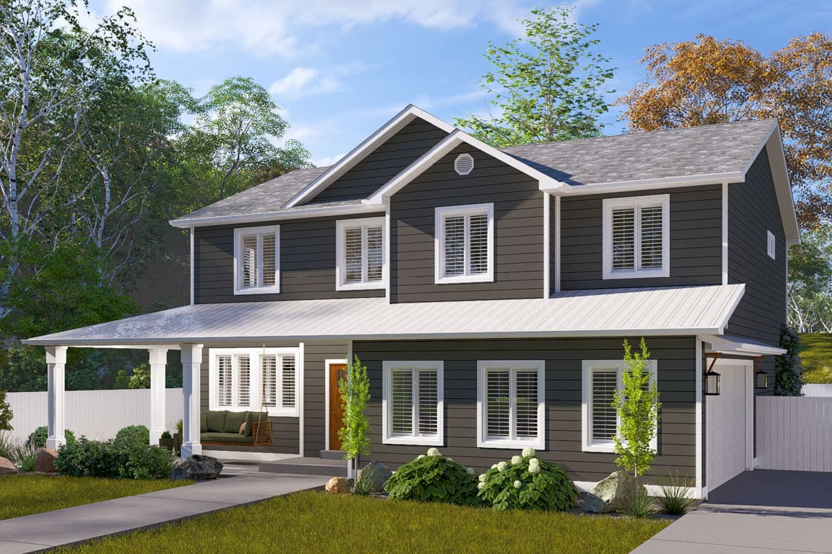 House plan exterior of a two-story home with gabled roof, wraparound porch, siding, and attached garage.
