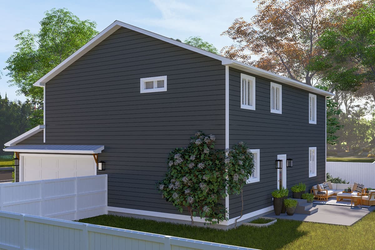 House plan exterior of a two-story Modern Farmhouse with dark siding, white trim, attached garage, and patio area.