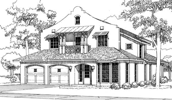House plan exterior of a two-story home with a Spanish-Mediterranean style, featuring a triple-arch garage, upper balcony, and prominent rooflines.