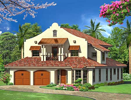 House plan exterior: Mediterranean style, two stories, double garage, arched entryway, balcony, and tile roof.