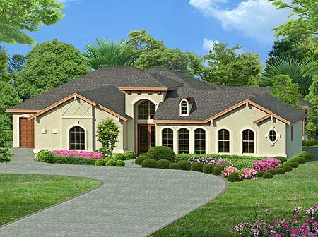 House plan exterior: One-story Mediterranean style with arched windows, a stucco finish, and a two-car garage.