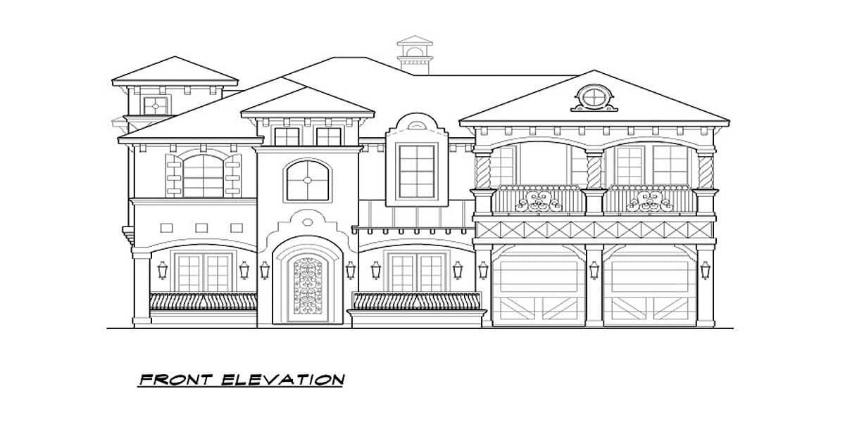 Front elevation drawing of a two-story house with arched windows, balconies, and a triple garage.