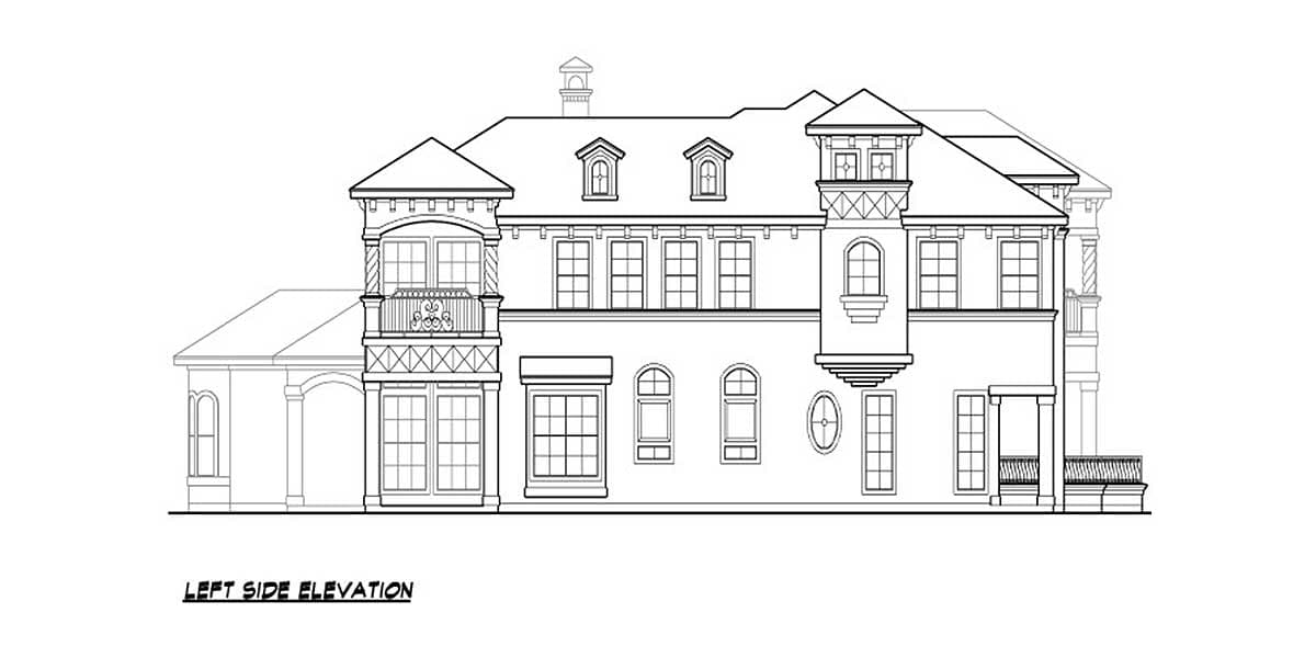Left side elevation drawing of a two-story house with a mansard roof, dormers, and bay windows.