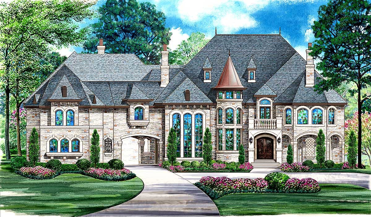 House plan exterior: French-inspired design with stone facade, multiple gables, prominent dormers, arched windows, and a turret.
