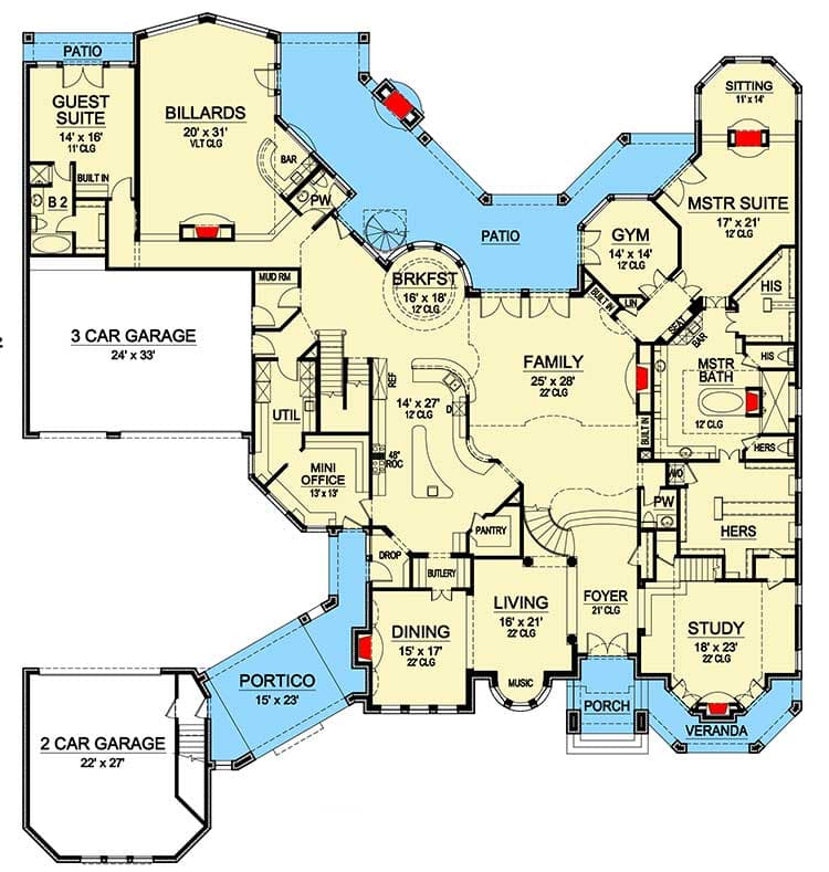 Plan 36353TX: 2-Story Ceilings Abound - Floor Plan - Main Level - European, French Country