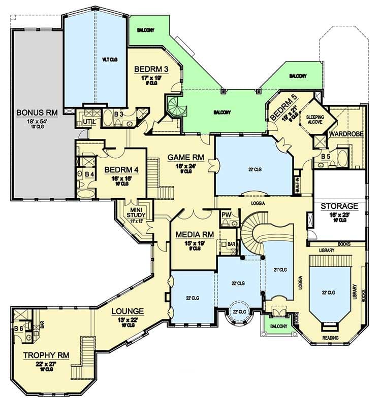 Plan 36353TX: 2-Story Ceilings Abound - Floor Plan - Second Level - European, French Country
