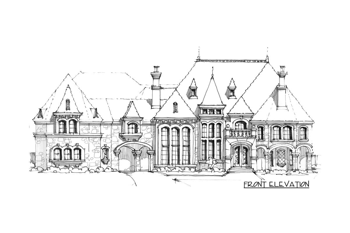 Front elevation house plan with mansard roof, dormers, arched entryways, and varied window styles.